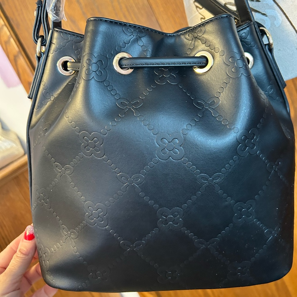 Black Embossed Drawstring Bag NWT - image 6